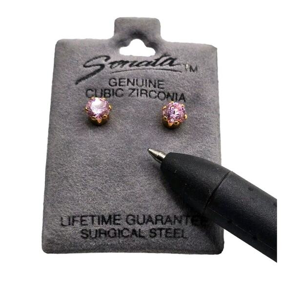 Pierced Sonata Earrings Pink Cubic Zirconia Crystals Studs Gold Tone Extra Small - Picture 2 of 5